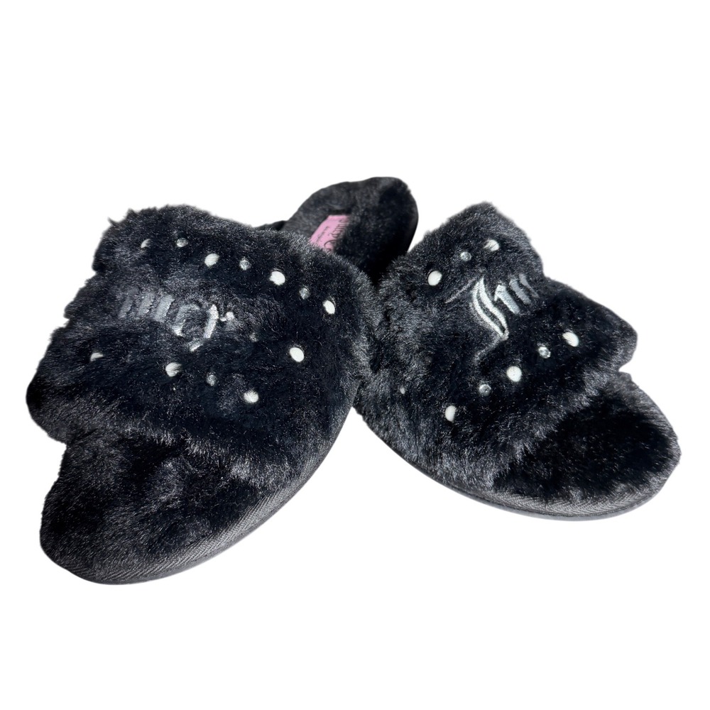 Juicy Couture Black Faux Fur Slide Slippers Rhinestone Logo Size 9/10